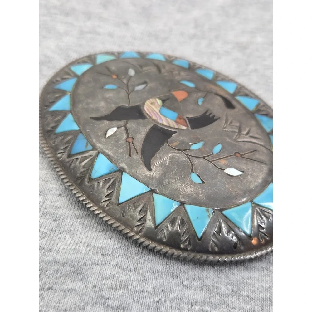 Navajo Benjamin Becenti Sterling Silver Turquoise Inlay Hummingbird Belt Buckle